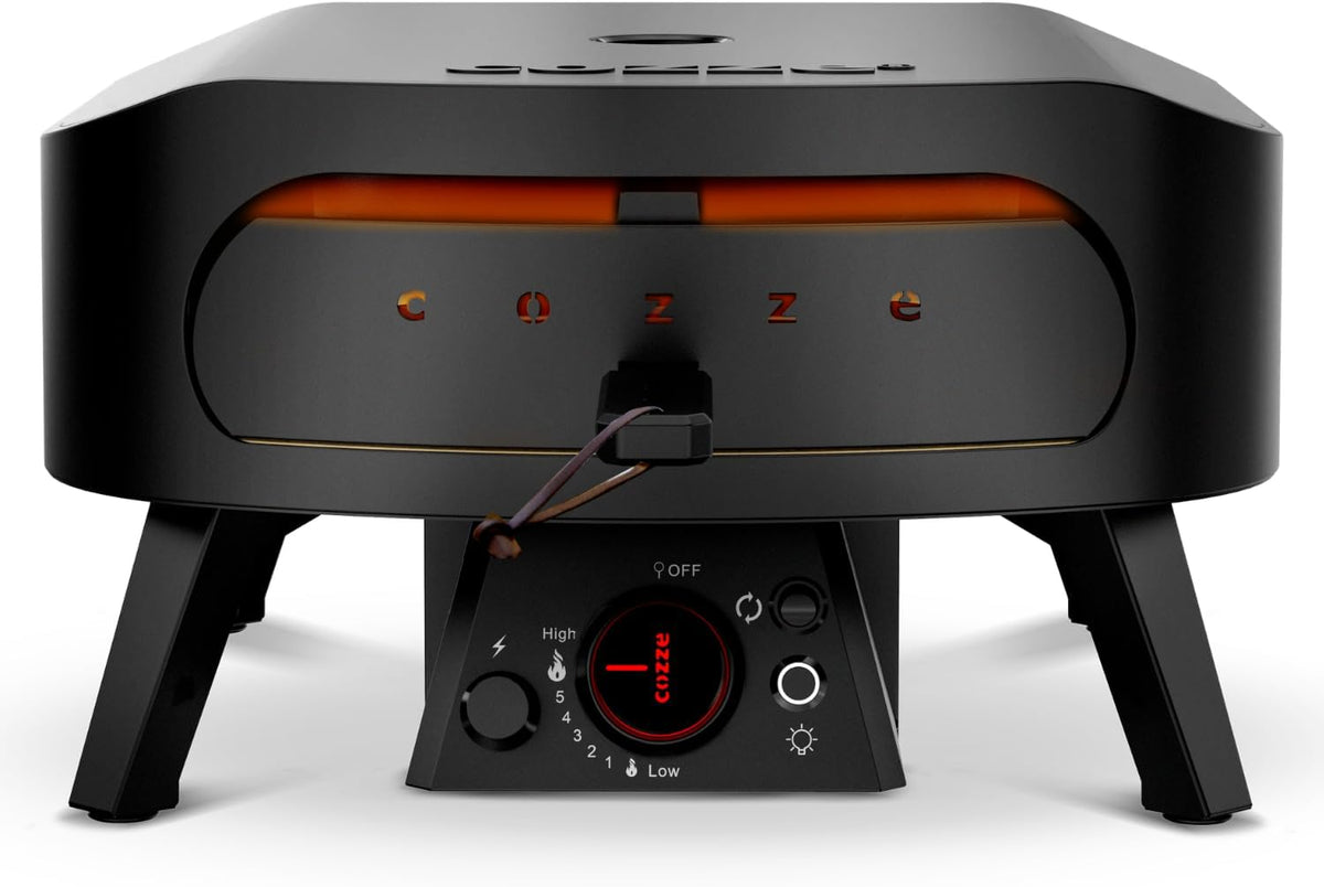 Cozze® 13" Rotate Gas Pizzaoven Black Edition - Roterende cordieriet pizzasteen Ø34,5 cm, 6 kW, deur inbegrepen, 30 mbar
