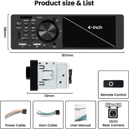 Hikity 1 DIN autoradio met 4 inch IPS touchscreen, bekabeld Carplay en Android, Bluetooth 5.1, Mirror Link, FM RDS EQ, 2USB, AUX, TF Card, MIC, achteruitrijcamera