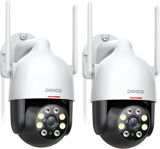 DEKCO 2K bewakingscamera wifi voor buiten, 360° PTZ bewakingscamera, bewegingsdetectie, nachtzicht in kleur, onmiddellijke waarschuwing, bidirectionele audio, waterdicht IP66, 2 stuks