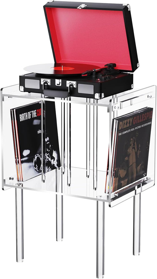 Platenspeler rek acryl – Platenspeler tafel – Platenspelerstandaard – Vinylplaten opbergtafel – Acryl bijzettafel – 43 x 37 x 66 cm – Transparant ontwerp