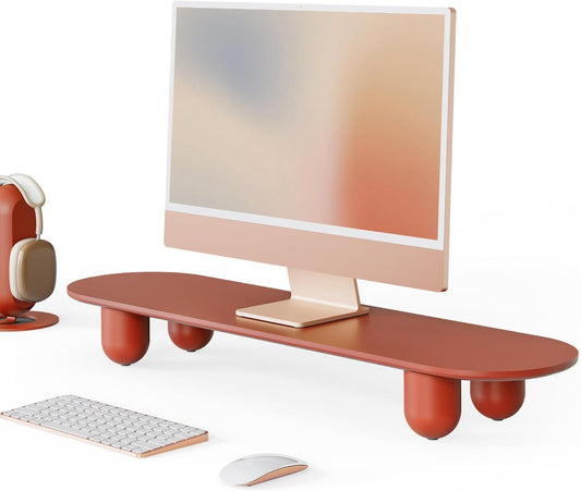 Fenge Monitorstandaard, computermonitorverhoger met houten plank en massief houten poten, voor laptop, tv, pc, printer, 86 x 23 x 10,3 cm, belasting van 20 kg (rood)