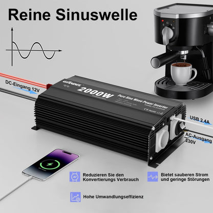 GIANDEL 2000 W omvormer, 12 V naar 230 V, zuivere sinus, auto-spanningsomvormer, compatibel met LifePO4 Power Inverter met afstandsbediening en USB-aansluitingen, voor camper, vrachtwagen, auto,