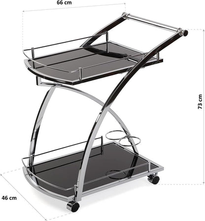 Versa Driana Serveerwagen Trolley voor de Keuken of Hotelkamer, Afmetingen (H x B x H) 73 x 46 x 66 cm, Glas en Metaal, Kleur Zwart