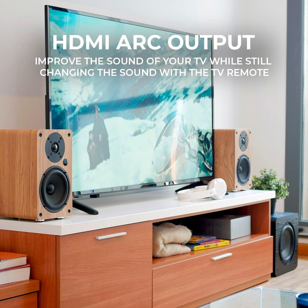 VULKKANO A5 ARC Luidspreker met 13,3 cm (5,25 inch), Bluetooth 5.0, HDMI ARC, optisch, RCA, USB, met subwoofer-uitgang, hifi-studio-monitoren met elegant design, zwart