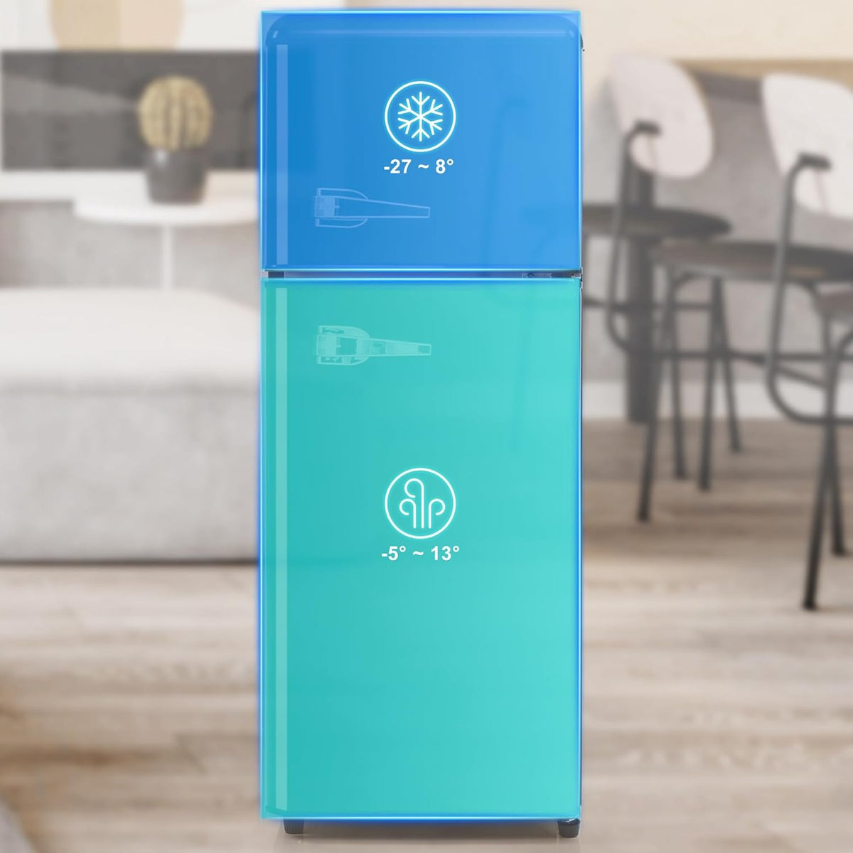Retro Fridge-Freezer 92L with 28L Freezer Compartment, D Energy Class, Two-Door Design for Kitchen/Living Room, Compact 105.5 cm High, 7 Temperature Levels, R600a Refrigerant - QUORE