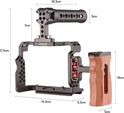 Andoer Camera Rig Vervangingsset van aluminiumlegering met houten handvat aan de bovenkant van de video voor Sony A7R III, A7 II, A7III