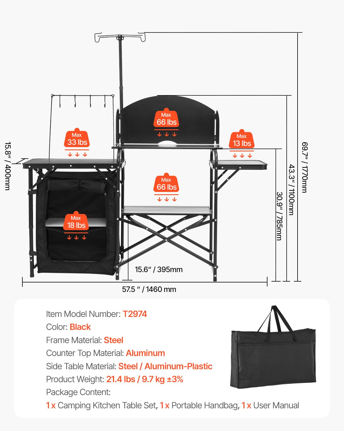 VEVOR Keukentafel voor camping buiten, aluminium, met opbergkast, draagtas, afneembare voorruit, geschikt voor barbecue, feest, picknick, reizen, camper, zwart