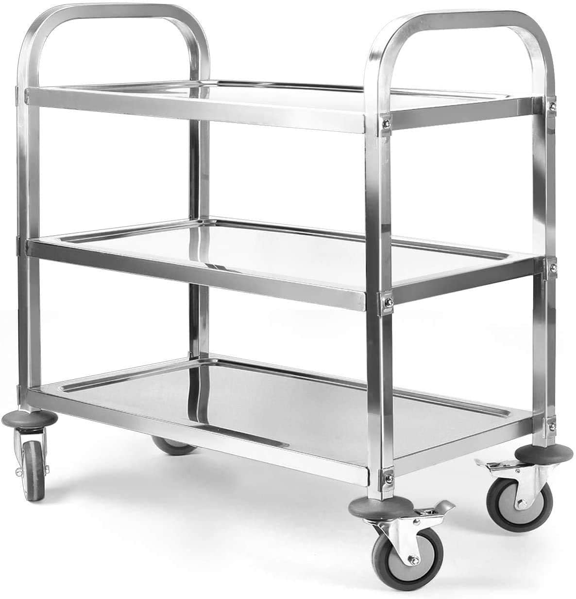 uyoyous Serveerwagen, 95 x 50 x 95 cm, roestvrij staal, 3 planken, keukenwagen, transportwagen, roestvrij staal, met 4 360° draaibare wielen (2 x rembaar) voor restaurant, keuken of hotel