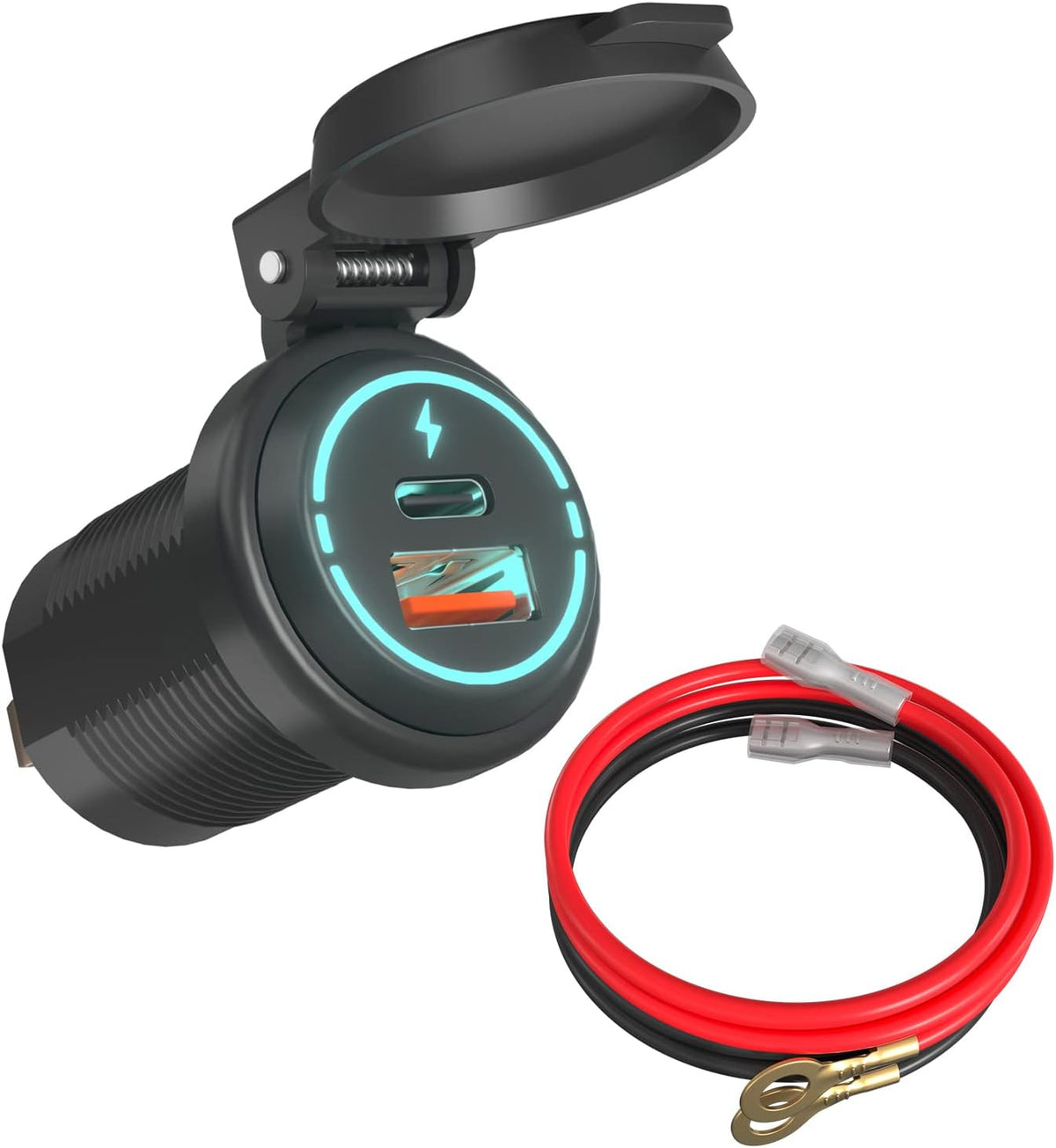 usb lader motorfiets – motor usb aansluiting – motorfiets oplader – usb charger motor – usb poort motorfiets – Waterdicht IP67 – Snelle QC3.0 & PD 30W Oplader met Blauwe Led
