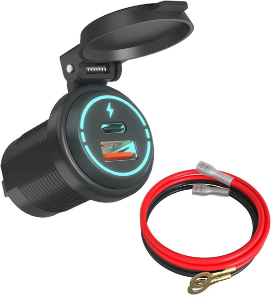 usb lader motorfiets – motor usb aansluiting – motorfiets oplader – usb charger motor – usb poort motorfiets – Waterdicht IP67 – Snelle QC3.0 & PD 30W Oplader met Blauwe Led