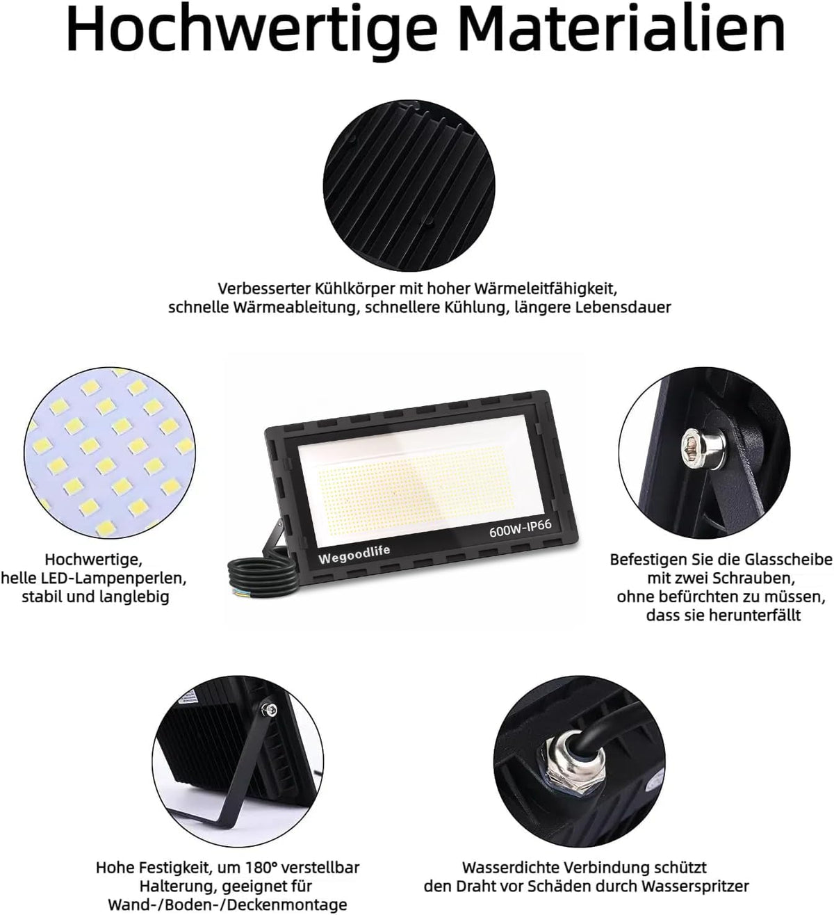 Led-schijnwerper voor buiten, 600 W, superhelder, 60.000 lumen, 6500 K, koudwit, IP66 waterdicht, 50 cm kabel zonder stekker, buitenlamp voor tuin, achtertuin, hal