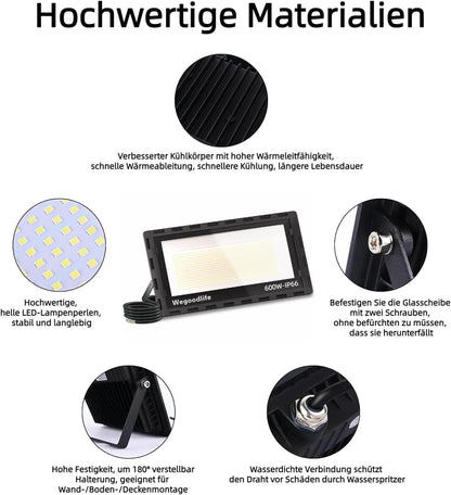 Led-schijnwerper voor buiten, 600 W, superhelder, 60.000 lumen, 6500 K, koudwit, IP66 waterdicht, 50 cm kabel zonder stekker, buitenlamp voor tuin, achtertuin, hal