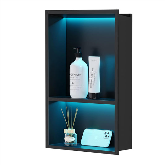 Wanddouche roestvrij staal met RGB ledlicht, dubbele douchebak zwart met afstandsbediening opslag voor badkamer, 45 x 30 cm
