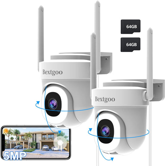 Bewakingscamera WiFi voor Buiten, Bextgoo 5MP Outdoor Home Beveiligingscamera met 64G TF-kaart, 2,4/5G WiFi, 360° Automatische Bewakingscamera, Bewegingsdetectie-meldingen, Kleuren Nachtzicht, 2 Stuks