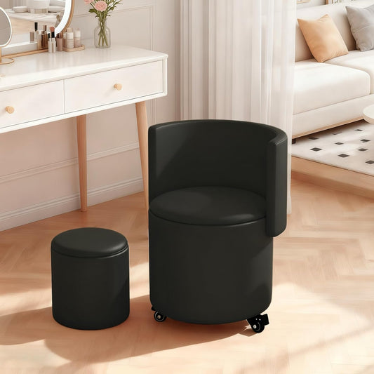 Round Makeup Stool, Swivel PU Leather Folding Backrest, Swivel Ottoman on Wheels for Bedroom and Living Room - QUORE
