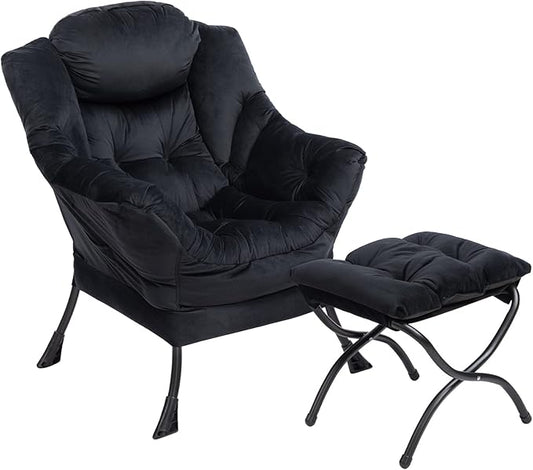 Relaxfauteuil – Relaxstoel – Stoel Met Voetenbank – Loungefauteuil – Leunstoel – Stevig Stalen Frame – Afneembare Wasbare Voetenbankhoes – Zwart