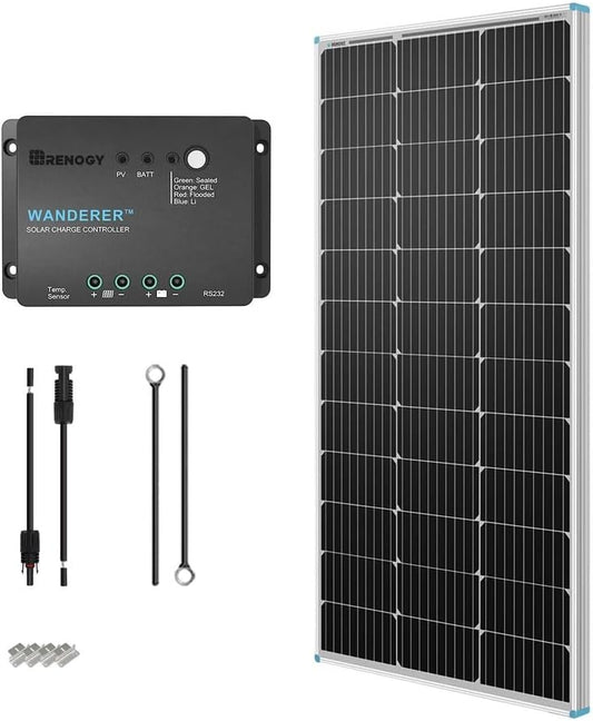 Renogy Basic-starter op zonne-energie, bouwpakket met 100 W, 12 V, monokristallijn zonnepaneel, zonnekabels en 12 V PWM zonne-laadregelaar, negatieve aarding