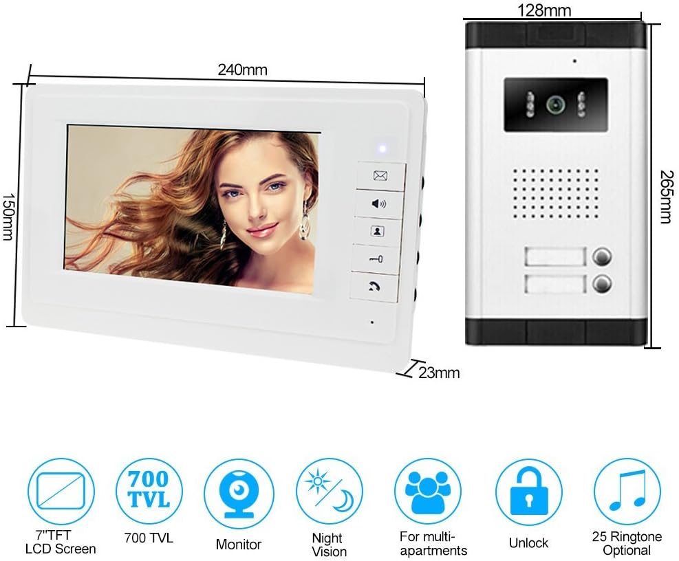 7 inch LCD kleur bedraad video intercomsysteem kit 700TVL IR COMS nachtzicht buitencamera deurbel voor multi-woningen / familie / thuis witte monitoren 100 meter (1 camera 2 monitors)