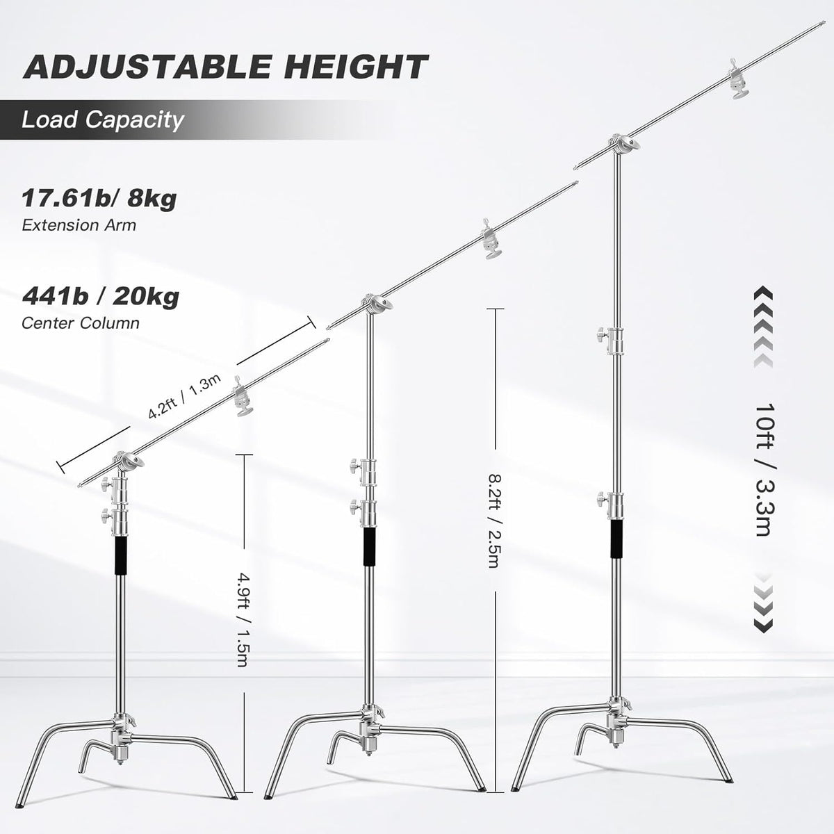 Soonpho Set van 2 C-statieven, heavy-duty staal, C-standaard van roestvrij staal, zilver, 330 cm, verstelbare lichtstandaard voor Studio softbox reflector, lichtstatief voor Godox AD200 Pro SK400II