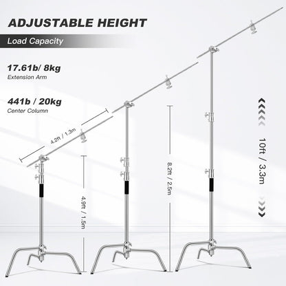 Soonpho Set van 2 C-statieven, heavy-duty staal, C-standaard van roestvrij staal, zilver, 330 cm, verstelbare lichtstandaard voor Studio softbox reflector, lichtstatief voor Godox AD200 Pro SK400II