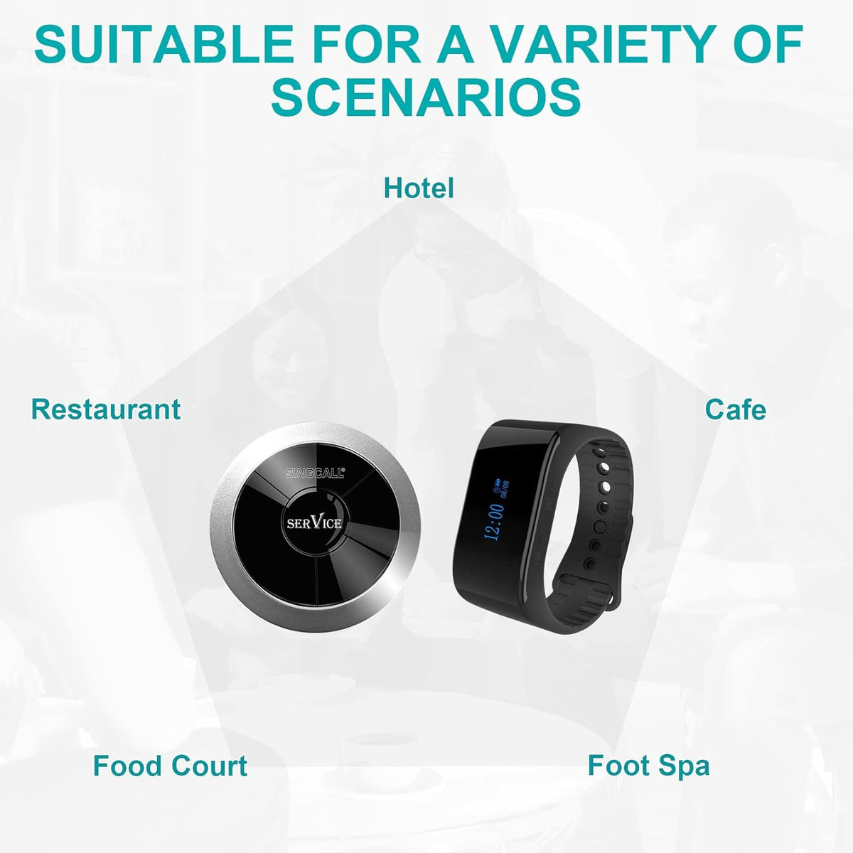 SINGCALL Draadloos oproepsysteem, Draadloos Pager Oproepsysteem, Restaurant Paging Systems, 360 graden waterdichte Pager horlogeontvanger, geen schroefseper, pak van 5 pagers en 1 ontvanger