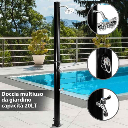 BAKAJI Douche op zonne-energie voor tuin, zwembad, outdoor, camping, watertank 20 l, met verstelbare douchekop, voor warm water, aansluiting voor de tuin, afmetingen 214 x 11,5 x 11,5 x 11,5 cm
