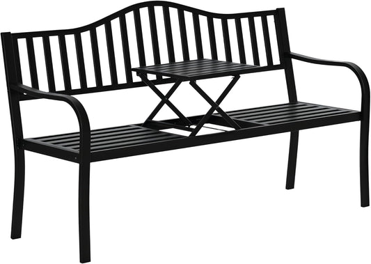 Outsunny Garden bench with extendable table for 2-3 people Metal park bench Bench Patio bench with backrest and armrests Garden furniture Black 150 x 58.5 x 90 cm - QUORE