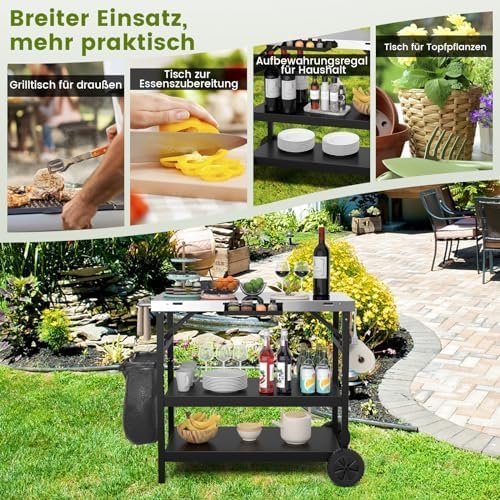 Grilltafel met 3 planken, grillwagen met verstelbare plank, telefoonstandaard, kruidenrek, handdoekhouder, zakdoekhouder en haken, outdoor serveerwagen bijzettafel