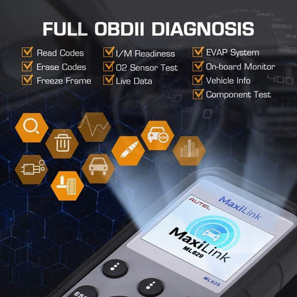 Autel ML629 OBD2-diagnoseapparaat, auto-uitleesapparaat, alle OBDII-dieselmotoren, benzinemotor, airbag, antiblokkeersysteem, motor, transmissiesysteem, diepe diagnose, 14 talen, Duits incl.