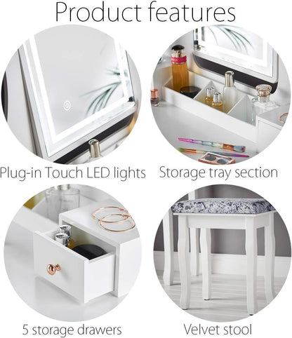 ice cream what's your flavour? Luxury Dressing Table with Touch Sensor Vanity Mirror LED Lighting & Stool 5 Drawers Set For Bedroom Makeup Jewelry Storage (DT010-TBPLUG WHITE) - QUORE