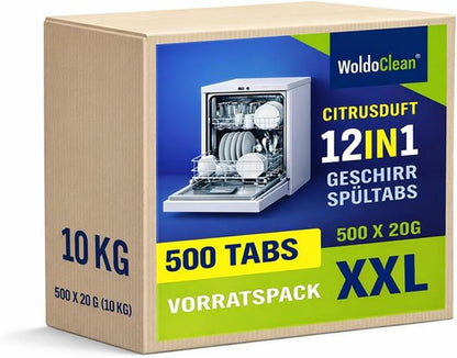 WoldoClean Vaatwastabletten 500 Stuks - Wateroplosbare Folie, All in 1 Vaatwas Tabs Fosfaatvrij met 12-voudige Kracht, Citrusgeur & Glasbescherming
