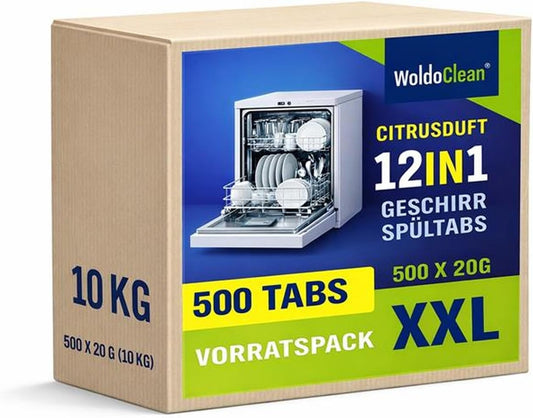 WoldoClean Vaatwastabletten 500 Stuks - Wateroplosbare Folie, All in 1 Vaatwas Tabs Fosfaatvrij met 12-voudige Kracht, Citrusgeur & Glasbescherming