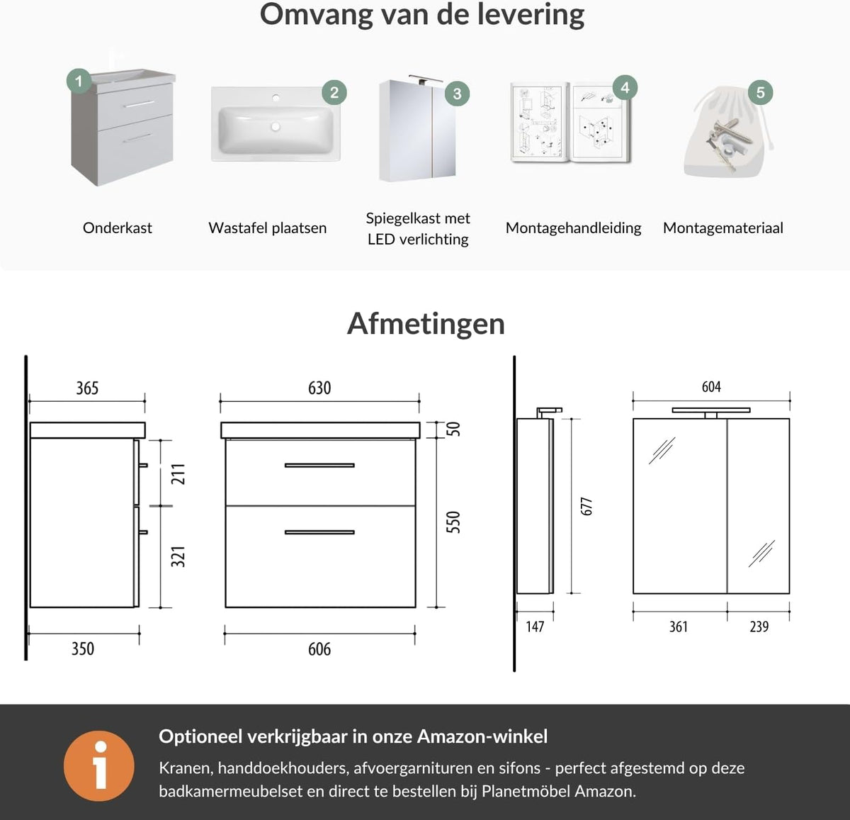 Planetmöbel Bathroom Furniture Set Sink with Bathroom Furniture 63 x 60 x 36.5 cm, Mirror Cabinet 60 cm with LED Lighting (Matt Black) & Socket, Modern Bathroom Furniture, White - QUORE
