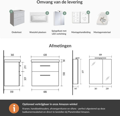 Planetmöbel Bathroom Furniture Set Sink with Bathroom Furniture 63 x 60 x 36.5 cm, Mirror Cabinet 60 cm with LED Lighting (Matt Black) & Socket, Modern Bathroom Furniture, White - QUORE