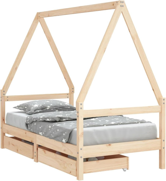 Gecheer 834474 Children's Bed with Drawers 80 x 160 cm Solid Wood Pine Design in House Shape Robust Slats for Children's Room - QUORE