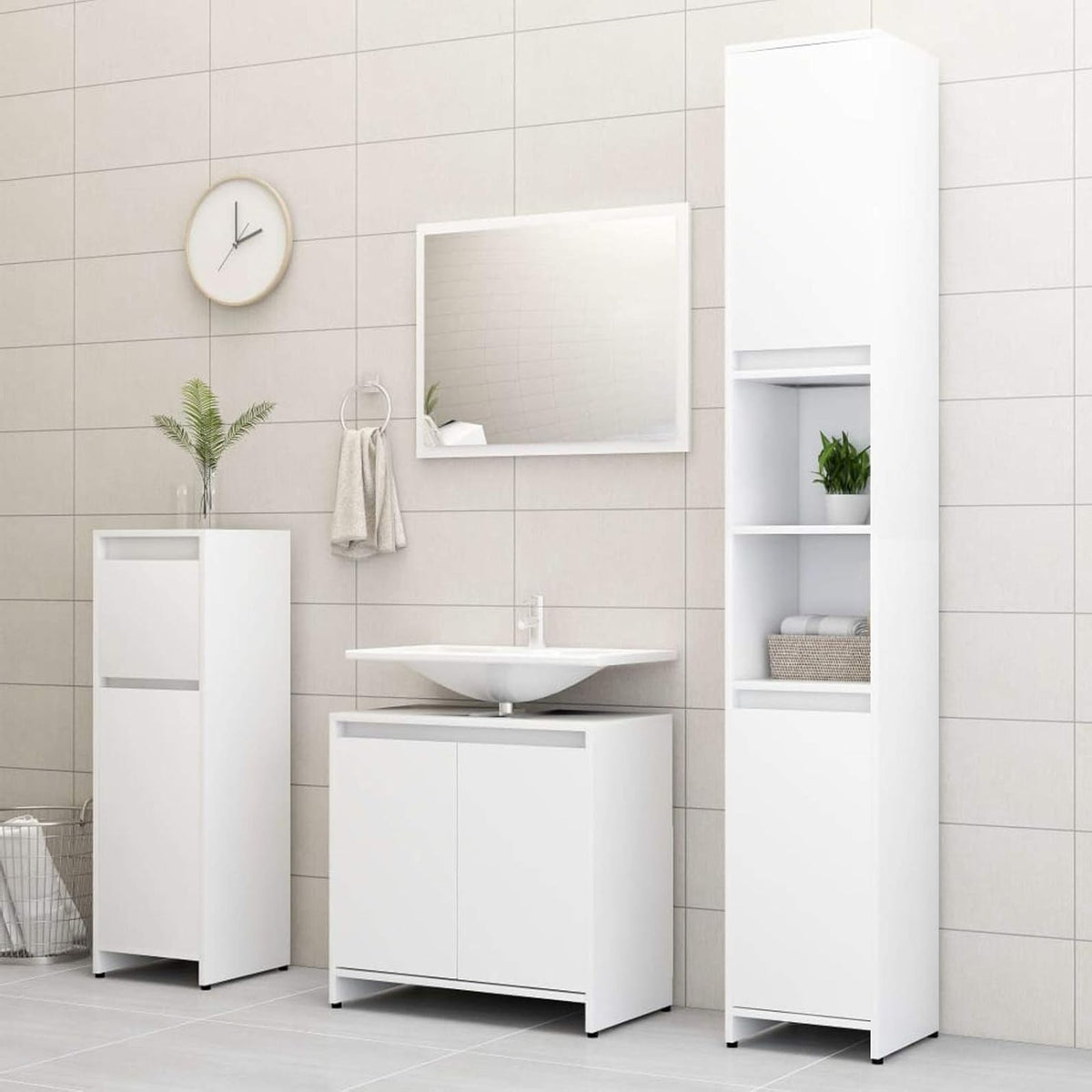 Gecheer 4 Piece Bathroom Furniture Set, Mirror Medium Cabinet Tall Cabinet Under Sink Cabinet, White Chipboard Bathroom Furniture Sets - QUORE