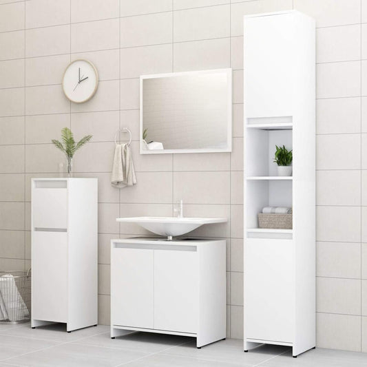 Gecheer 4 Piece Bathroom Furniture Set, Mirror Medium Cabinet Tall Cabinet Under Sink Cabinet, White Chipboard Bathroom Furniture Sets - QUORE