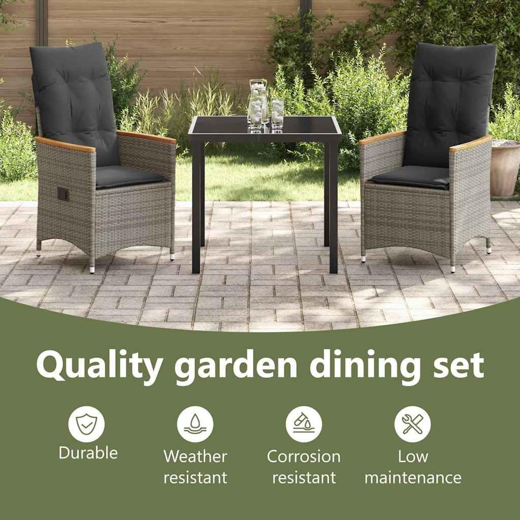 vidaXL Tuin Eetset met kussen 3 pcs Grijs Poly riet, Moderne buiten eettafel, weerbestendig tuinmeubilair, stijlvolle lounge, veelzijdig ontwerp - QUORE