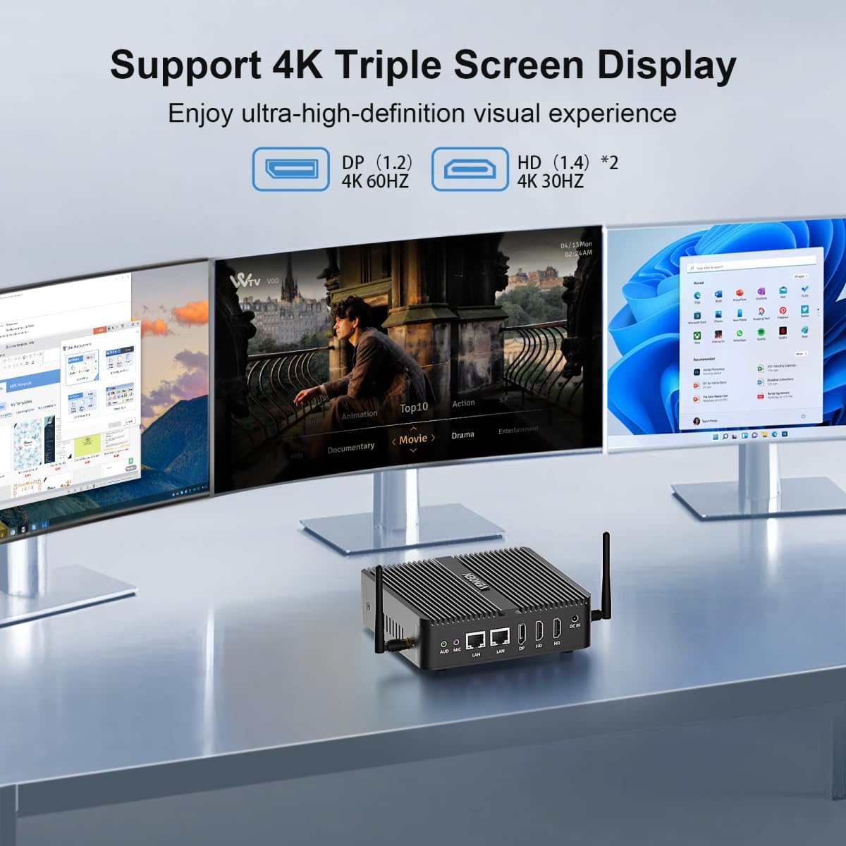 Fanless Mini PC WIN11 pro J6412, Linux Indsutrial PC 4K Mini Computer, 2x HD + 1x DP Triple Display, 2x RJ45 Lan, 2x RS232 COM, WiFi, BT 4.2, 12V Office Desktop PC, 8GB DDR4 256GB M.2 SSD - QUORE