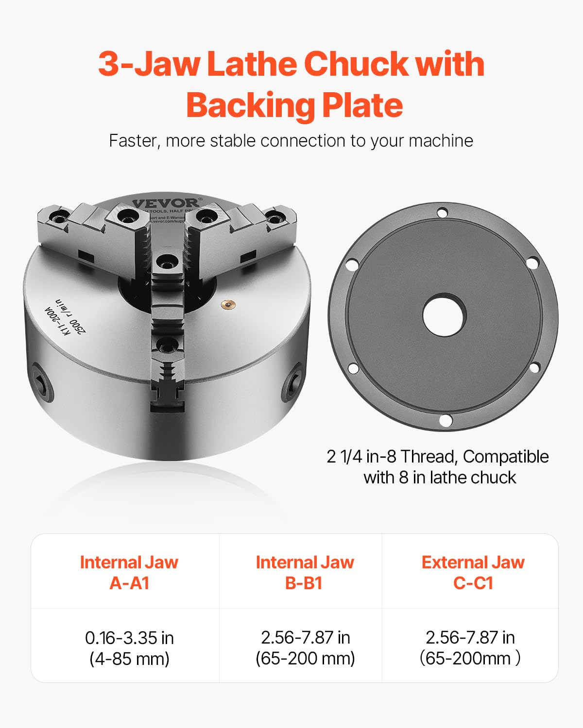 VEVOR 3-jaw lathe holder, 200 mm, self-centering chuck with 2 1/4"-8 threaded support plate, 4-200 mm clamping range with T-wrench screws, HT300 material, for wood-metal lathe