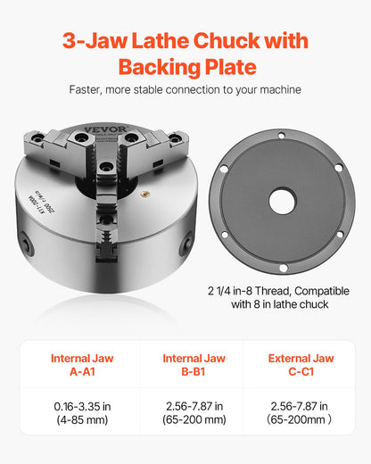 VEVOR 3-jaw lathe holder, 200 mm, self-centering chuck with 2 1/4"-8 threaded support plate, 4-200 mm clamping range with T-wrench screws, HT300 material, for wood-metal lathe