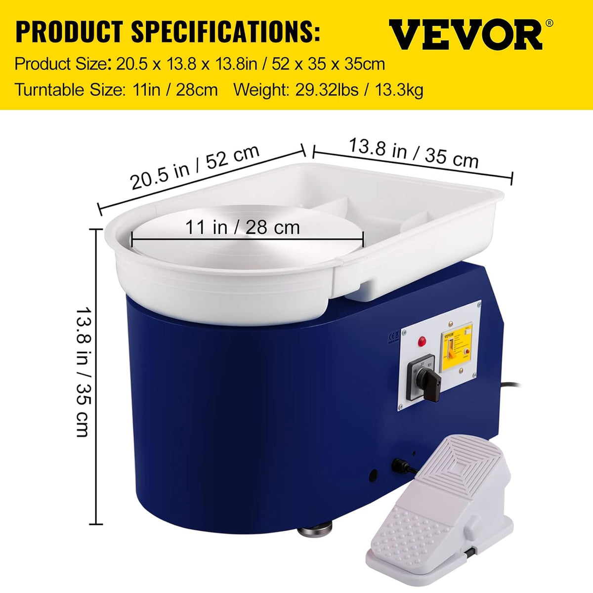 VEVOR Pottery Disc 350 W Ceramic Wheel Machine 220 V Electric Pottery Disc 28 cm Foot Pedal Setting 60 dB Turntable Pottery Artwork DIY Crafts 300 rpm - QUORE