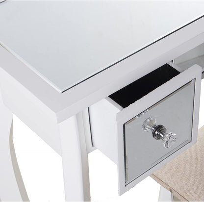 DRW Kaptafel met 3 laden van hout en spiegel en kruk in wit en spiegel 90 x 32,5 x 80 cm en kruk 40 x 34 x 43 cm