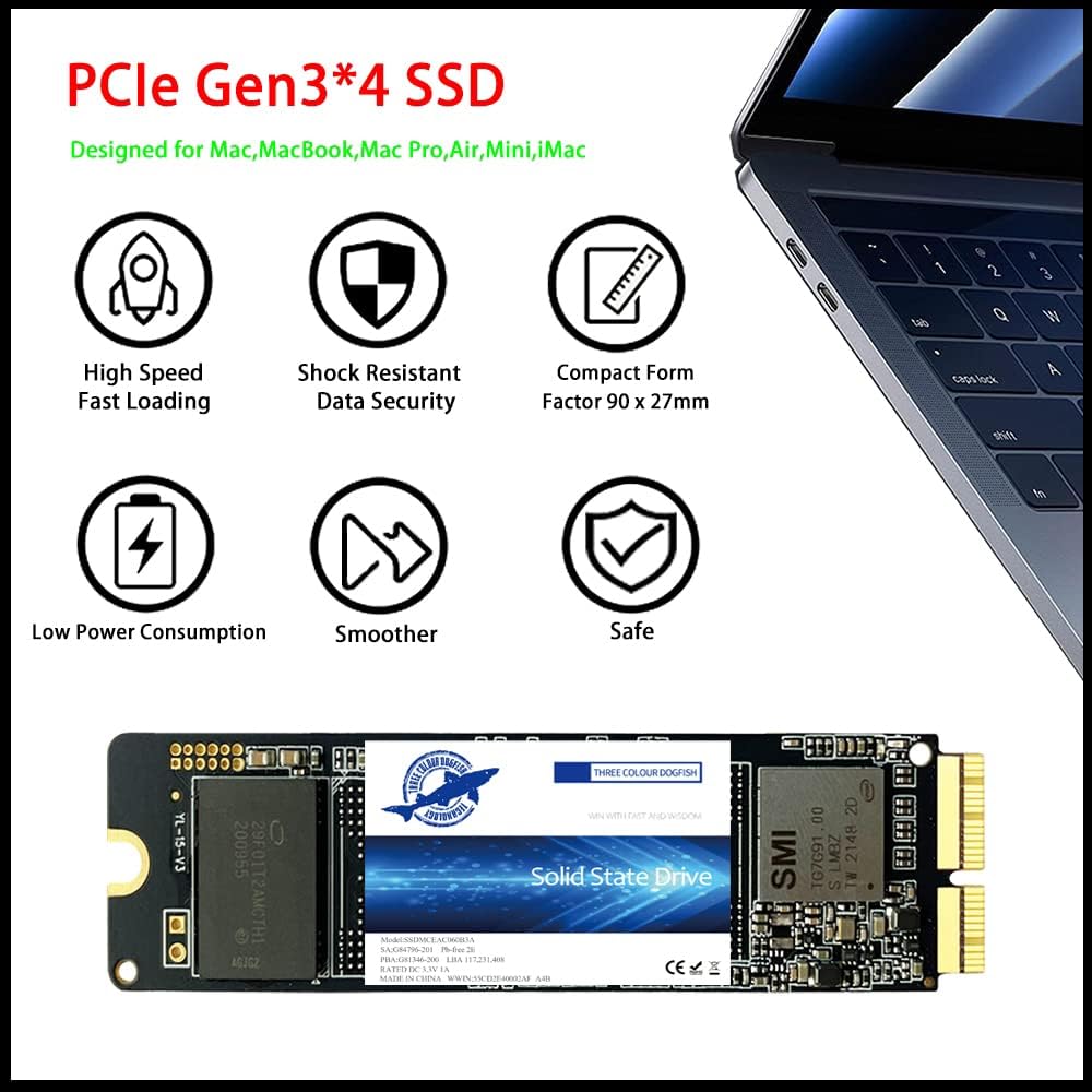 Dogfish 512GB SSD voor MacBook PCIe Gen3x4 M.2 NVMe, Interne Solid State Drive Upgrade voor MacBook Air A1466 (2013-2017) / MacBook Pro A1398 (Retina, 2013-2015) / iMac A1419 (2013-2019)