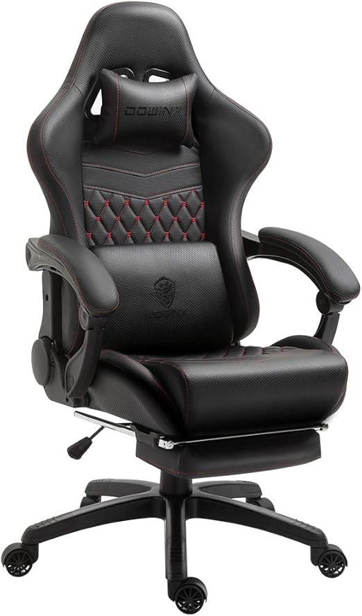 Dowinx Adjustable Gaming Chair PC Office Chair with Footrest, Game Chair with Massage Lumbar Support, Ergonomic PU Gaming Chair with Headrest (Black) - QUORE