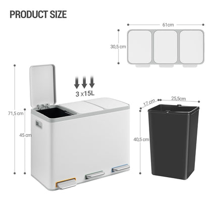 Hzuaneri Garbage Separation System for Kitchen, 3 Compartments, 45 L (3 x 15 L), Stainless Steel Kitchen Waste Bin, Pedal Bin with Colour-Codable Pedals, Waste Bin, Quiet Slow Descent, White