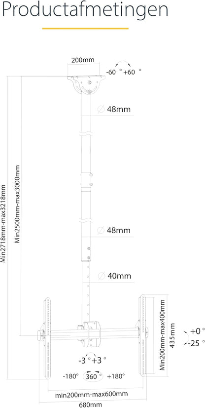 Plafondbeugel Voor Flatscreen Tv – Tv Plafondbeugel – Tv Beugel – Tv Houder – Tv Ophangbeugel – 32 Tot 75 Inch – Verstelbare Stang 2,5 Tot 2,9 M