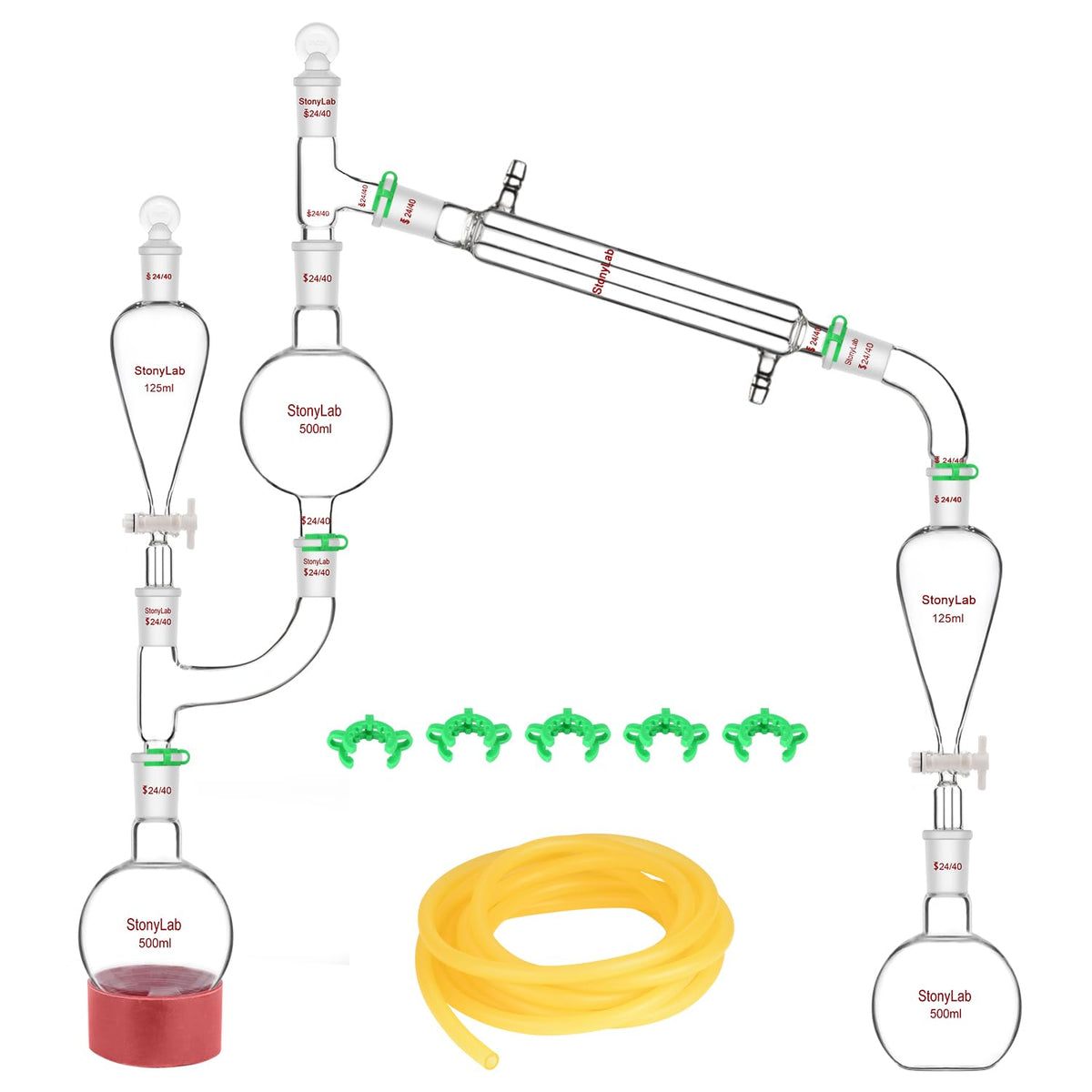 Destillatieset – Destillatieglaswerk – Distillatie-opstelling – Laboratoriumglaswerk – Stoomdestillatie – 500 ml – Borosilicaatglas Tot 200°C – 24/40 Slijpstukken