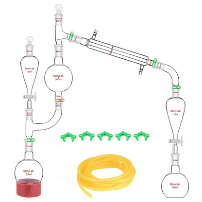 Destillatieset – Destillatieglaswerk – Distillatie-opstelling – Laboratoriumglaswerk – Stoomdestillatie – 500 ml – Borosilicaatglas Tot 200°C – 24/40 Slijpstukken