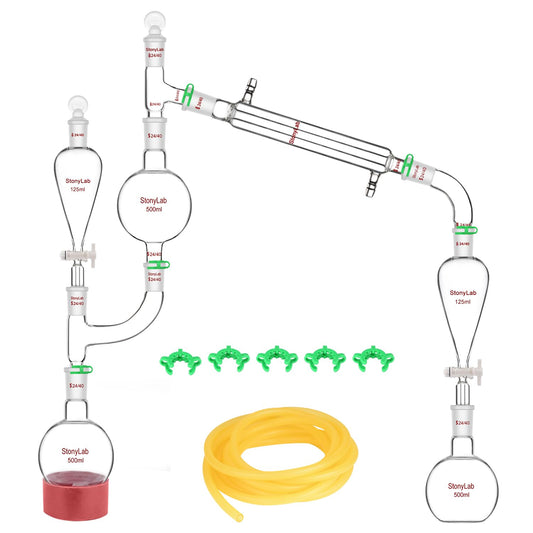 Destillatieset – Destillatieglaswerk – Distillatie-opstelling – Laboratoriumglaswerk – Stoomdestillatie – 500 ml – Borosilicaatglas Tot 200°C – 24/40 Slijpstukken